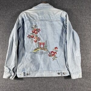Women's Distressed Denim Trucker Jacket SZ S Embroidered Asian Floral Boho Laju‎